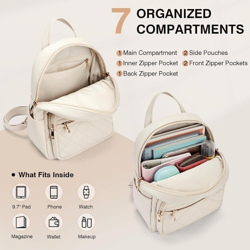 Mini Vegan Leather Backpack Small Fashion Purse for Travel Work Shopping White - Picture 4 of 6